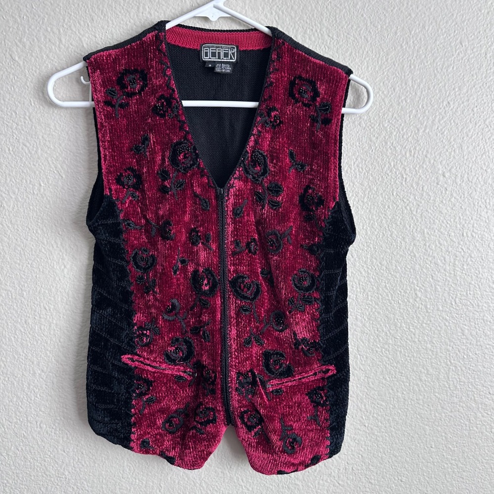 Berek Vintage Red Chenille Floral Beaded Zip Front Sweater Vest Small